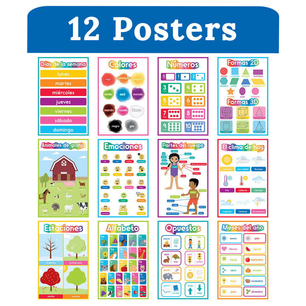 SPANISH EARLY LEARNING POSTER SET 12PCS
