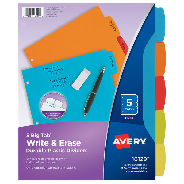 Big Tab Write & Erase Durable Plastic Dividers 5 Tab Set Multicolor Pkg. 5