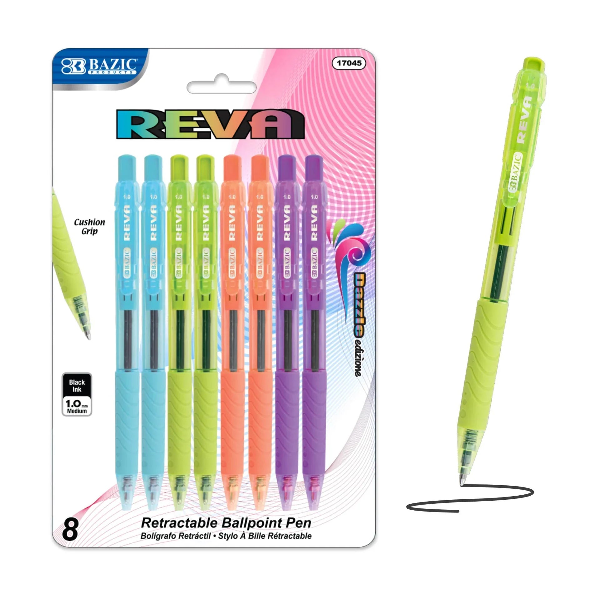 BAZIC Reva Dazzle Black Color Retractable Pen w/ Cushion Grip (8/Pack)