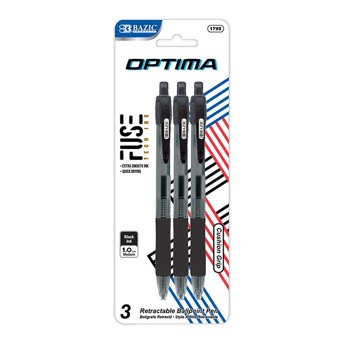 Optima Black FUSE Tech Ink Retractable Pen w/Grip(3/Pack)