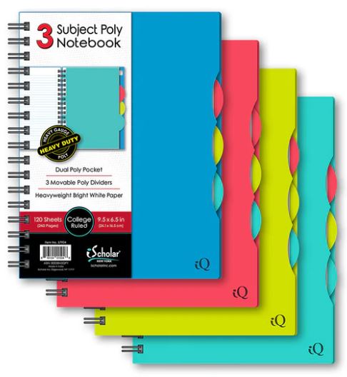 iQ 3 Subject Poly Double Wire Notebook College Ruled 9.5" x 6.5" 120 Sheets