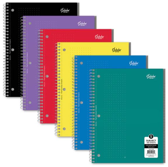 5 Subject Wirebound Notebook College Ruled 10.5" x 8" 180 Sheets