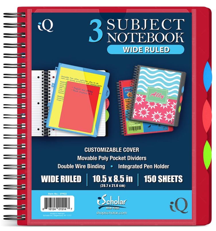 iQ 3 Subject Poly Notebook 10.5″ x 8.5″ Double Wire 150 Sheets