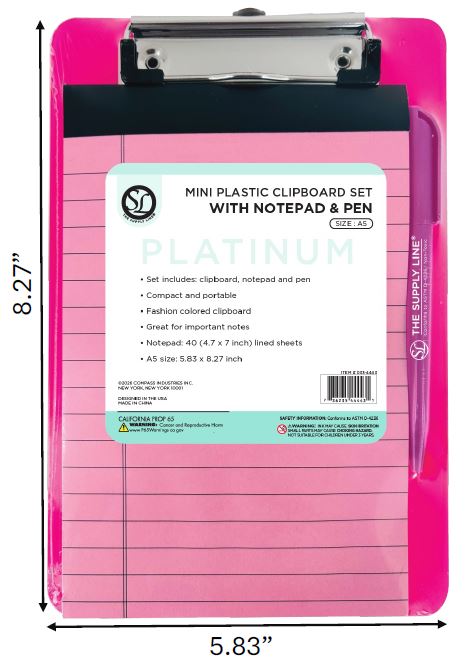 MINI PLASTIC CLIPBOARD W/ NOTEPAD & PEN BLUE & PINK 40 SHEETS