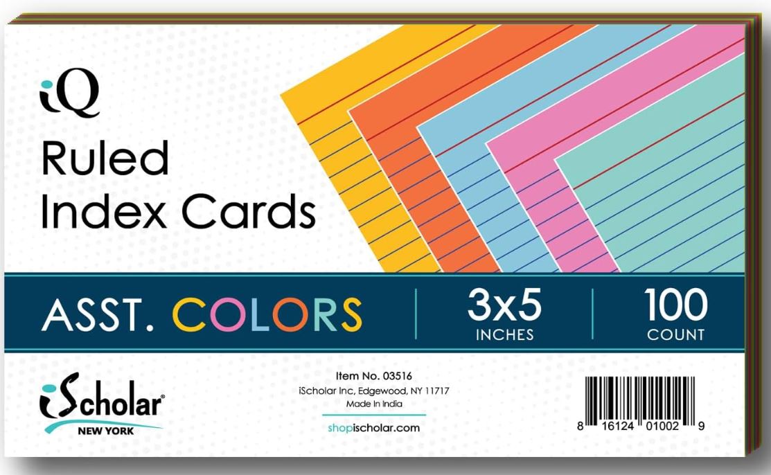 Index Cards Ruled 3" x 5" Assorted Colors Pkg. 100