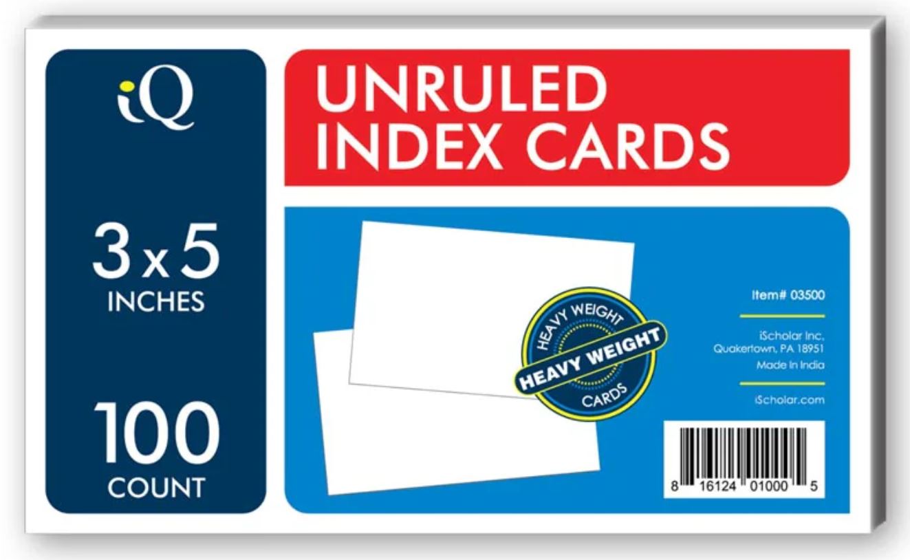 Index Cards Unruled 3" x 5" White Pkg. 100