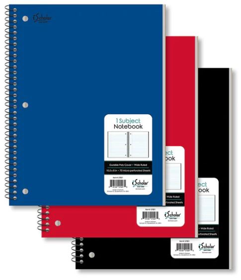 1 Subject Poly Notebook Wide Ruled 10.5" x 8" 70 Sheets