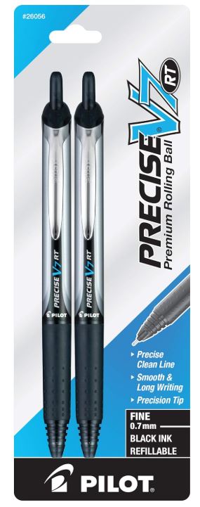 Precise V7 Retractable Rolling Ball Stick Pens 0.7 mm Fine Point Black Ink Pkg. 2
