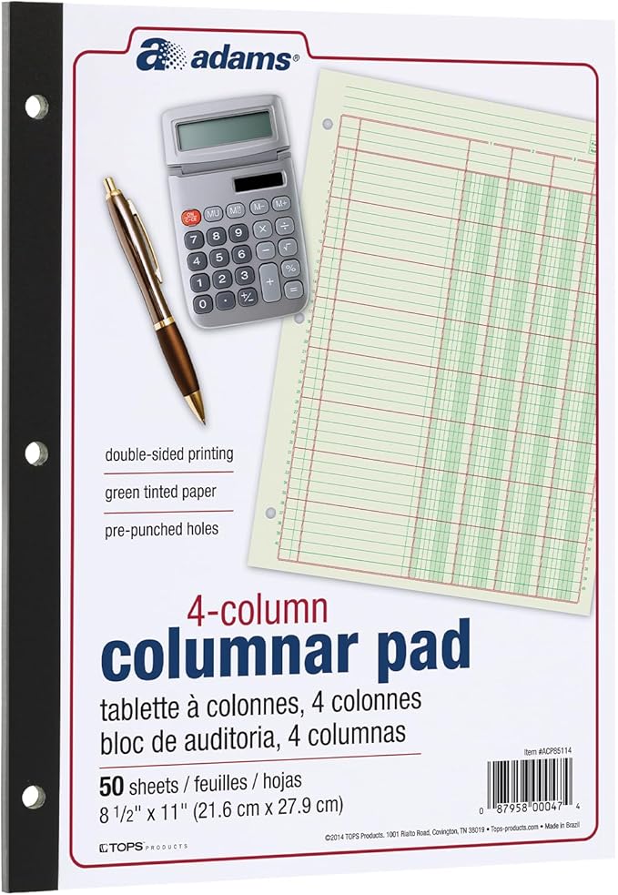Columnar Analysis Pad | 4 Column Ledger | 8.5" x 11" | 100 Pages