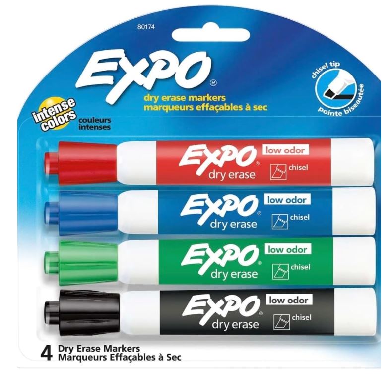 EXPO Dry Erase Markers Low Odor Ink Chisel Tip Black Pkg. 4