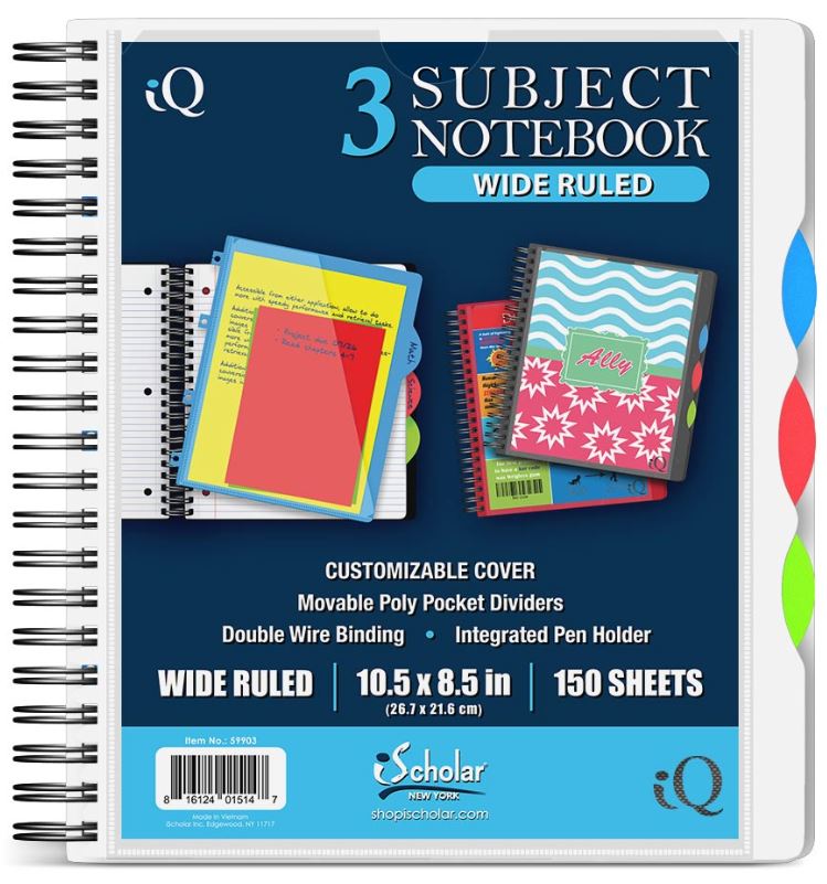 iQ 3 Subject Poly Notebook 10.5″ x 8.5″ Double Wire 150 Sheets