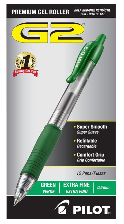 G2 Retractable Gel Pens Extra Fine Point 0.5 mm Green Ink CJ. 12