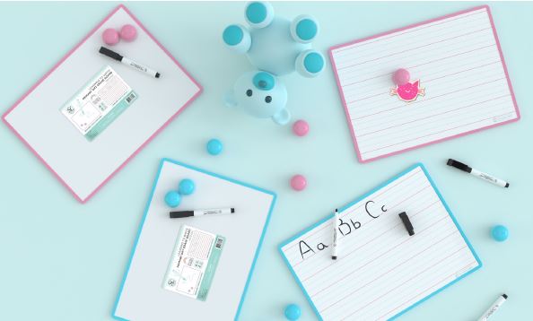 DOUBLE SIDED PRIMARY DRY ERASE BOARD ASST COLORS (12”x8.5") INCLUDES MARKERS AND 2 MAGNETS