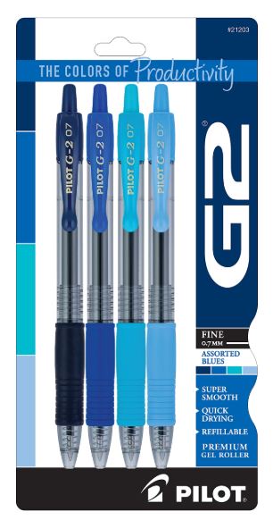 G2 Retractable Gel Pens Fine Point 0.7 mm Asst. Blue Ink Pkg. 4