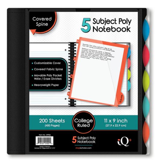 iQ+ Premium 5 Subject Poly Notebook College Ruled 11" x 9" 200 Sheets