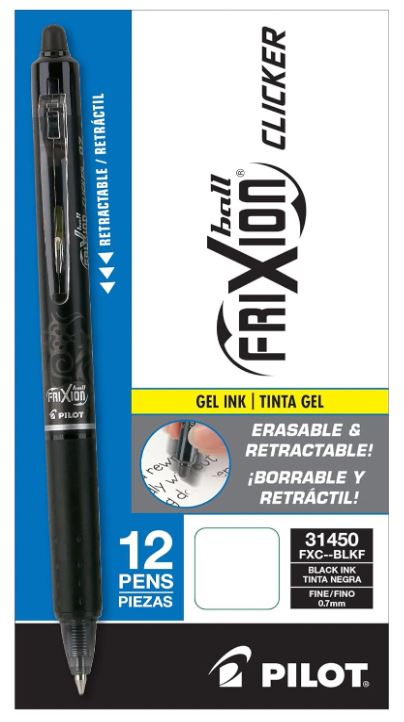 FriXion Clicker Erasable Pens Retractable Gel Ink Pens 0.7 mm Fine Black Cj. 12