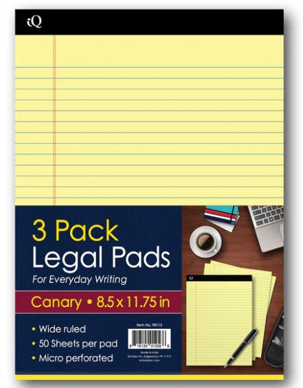 iQ Legal Pad Canary 8.5" x 11.75" 150 Sheets Pkg. 3