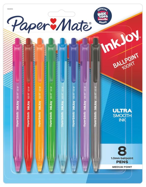 Paper Mate InkJoy 100RT Retractable Ballpoint Pens 1.0 mm Medium Assorted Color Pkg. 8