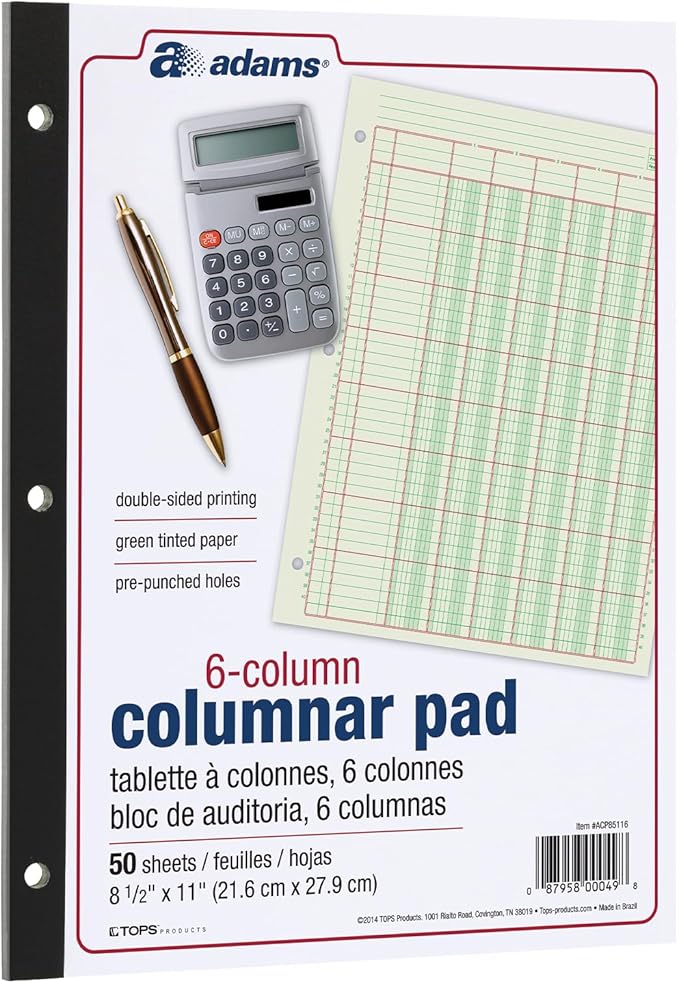 Columnar Analysis Pad | 6 Column Ledger | 8.5" x 11" | 100 Pages