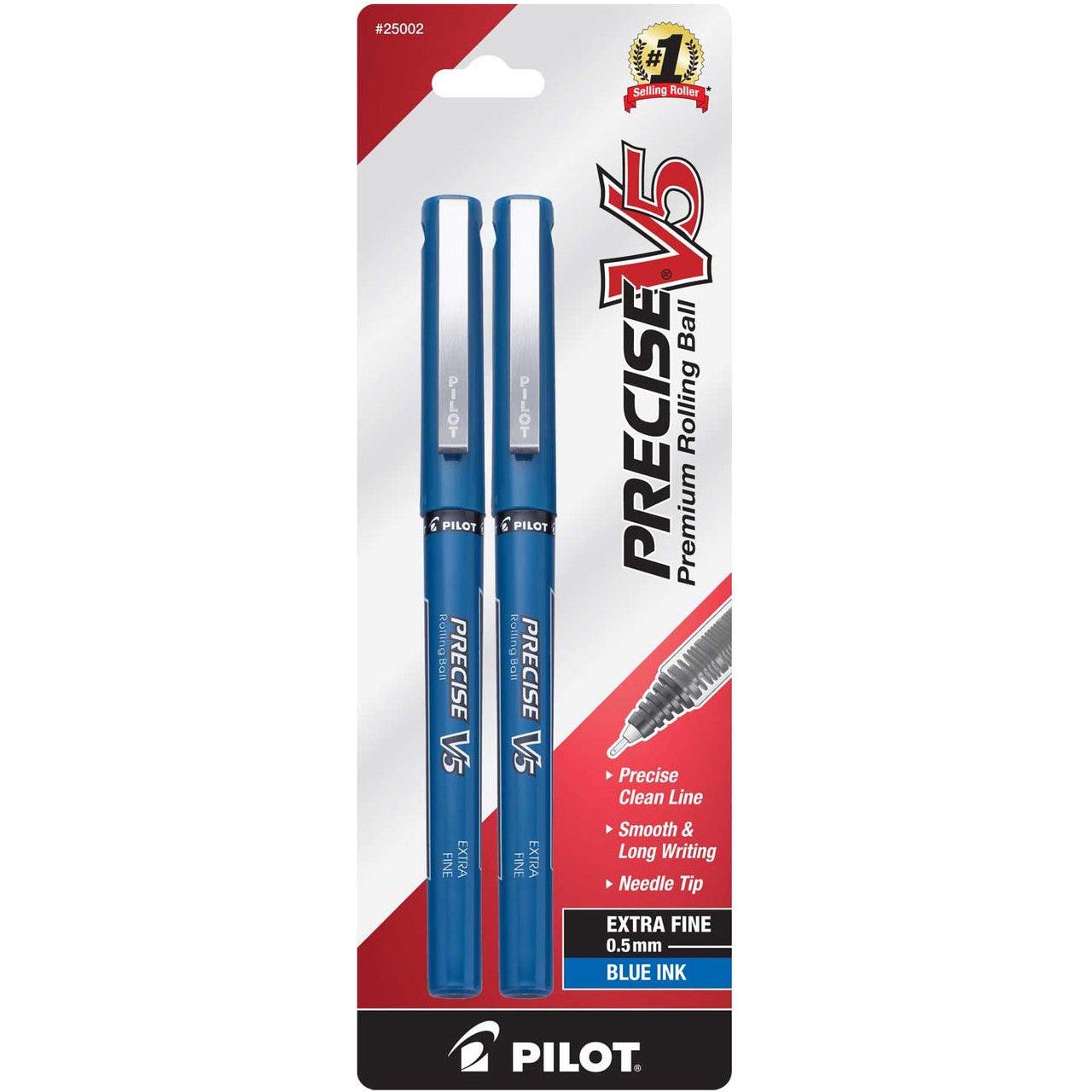Precise V5 Rolling Ball Stick Pens 0.5 mm Extra Fine Point Blue Ink Pkg. 2
