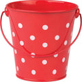RED POLKA DOTS BUCKET 4-1/8" WIDE AND 4-1/8" HIGH.