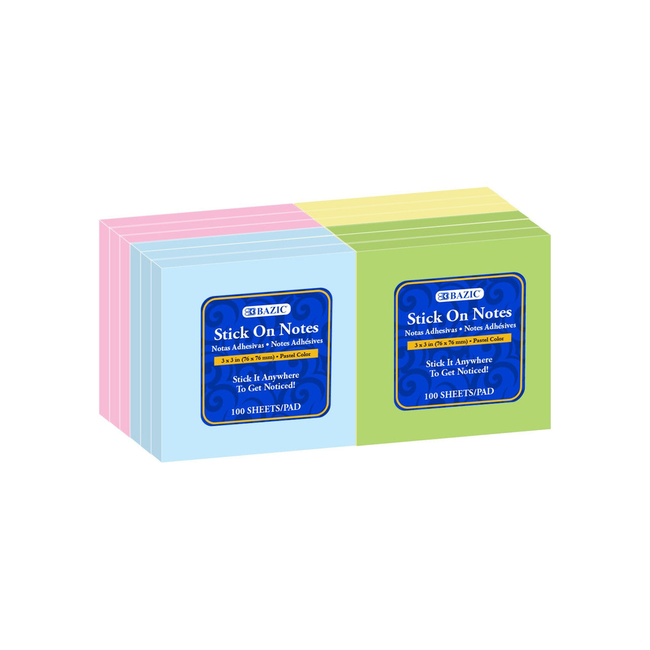 STICK ON NOTES 3" X 3" ASSORTED 12/PK