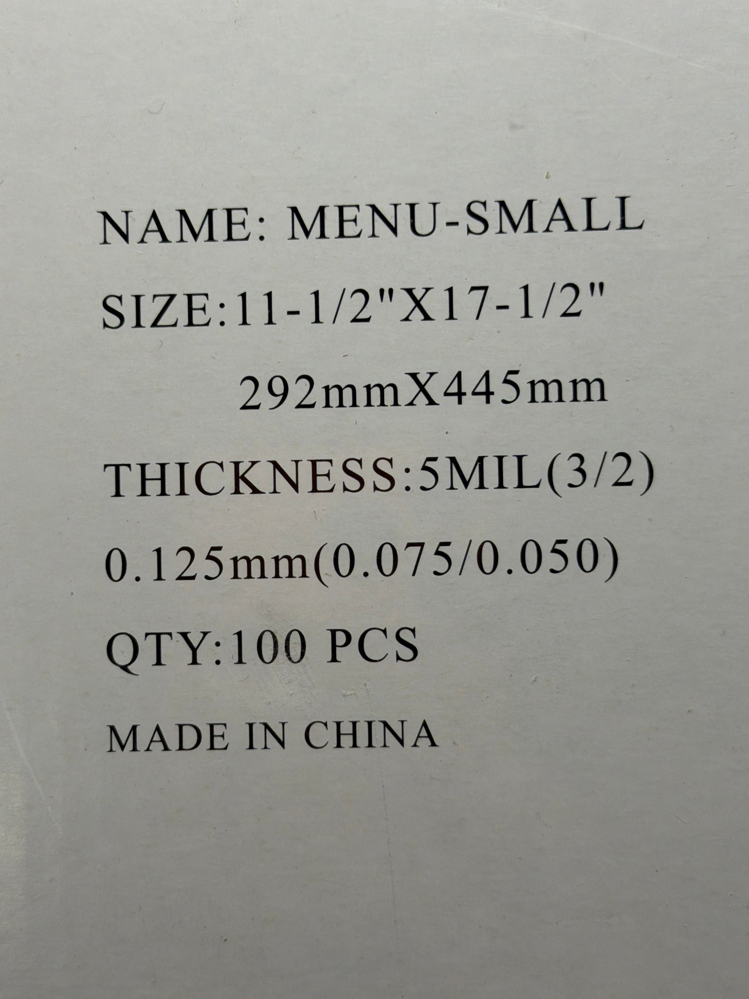 LAMINATING POUCH 5ML SMALL MENU