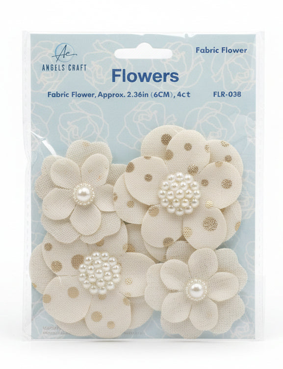 CANVAS BURLAP ADHESIVE FLOWER W/PEARL WHITE & GOLD