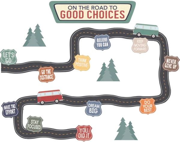 MOVING MOUNTAINS ROAD TRIP ON THE ROAD TO GOOD CHOICES MINI BULLETIN BOARD SET