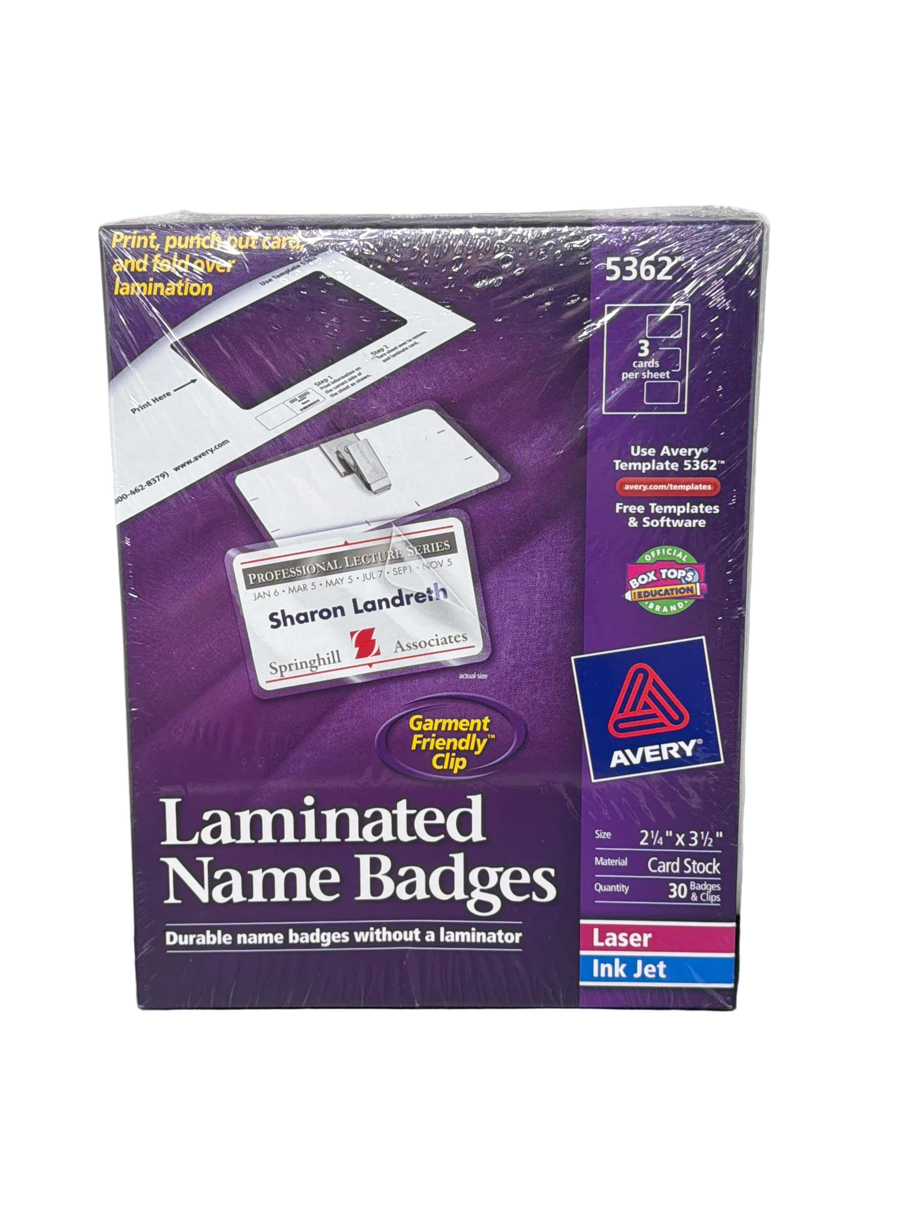 AV LAMINATED NAME BADGES CLIP LASER 2X3-1/4 (PQ.30