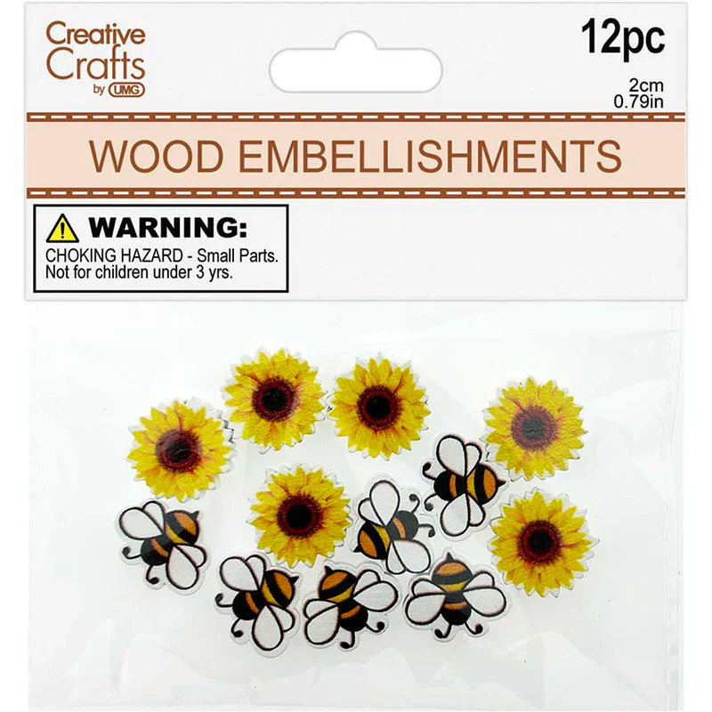 Wood Sunflower & Bee Emb | 12pc | 2cm