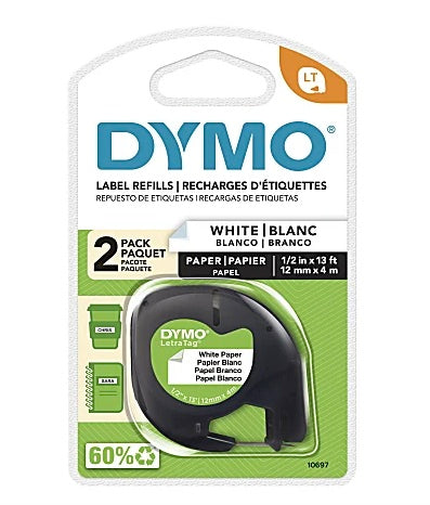 Dymo Letratag Label Maker Tape Cartridge, .5"- 12mm, Black Text on White Label, Count of 4m Roll