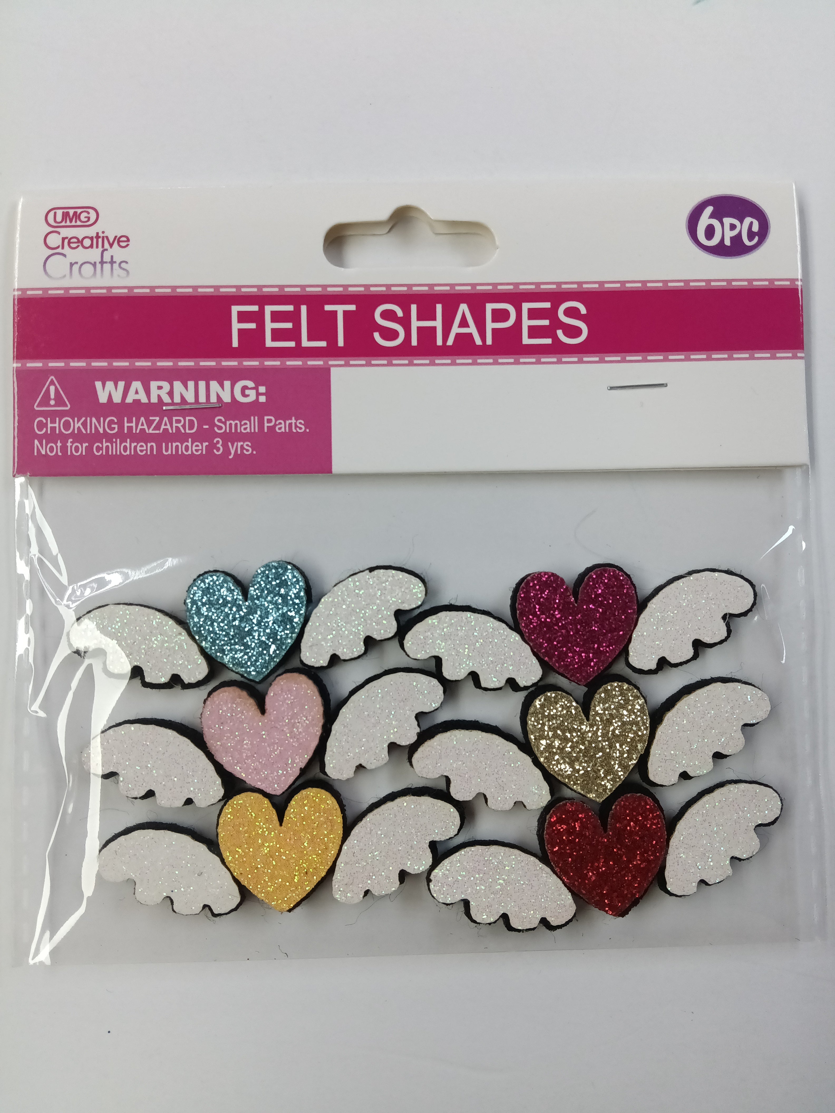 FELT ANGEL WING HEART GLIT 6PC 2X5.5CM
